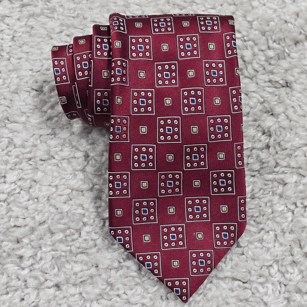 Ermenegildo Zegna Silk Tie Mens Burgundy Red Geometric Medallion Luxury Business